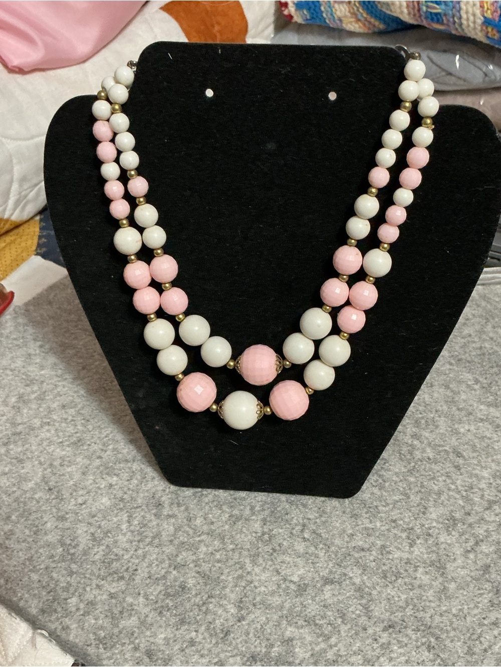 Vintage Pink and White Beaded Double-Strand Necklace